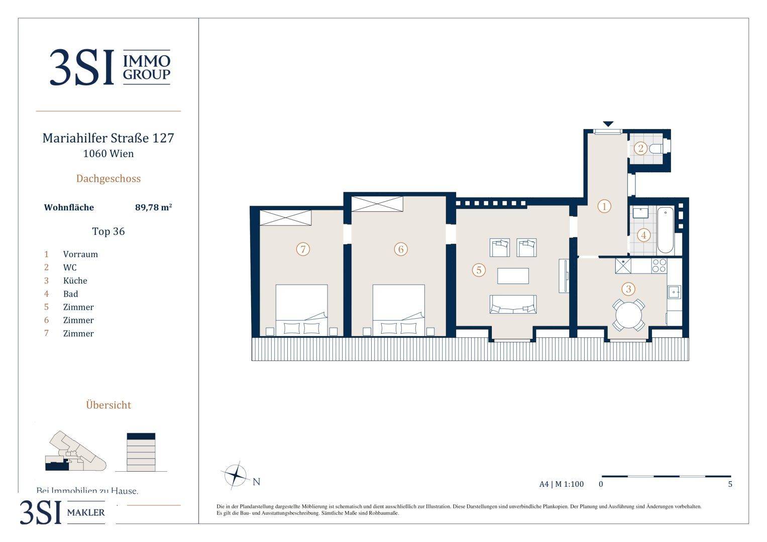 Detaillierter Grundriss einer 89,78 m² großen Dachgeschosswohnung mit drei Zimmern, Bad und separatem WC.