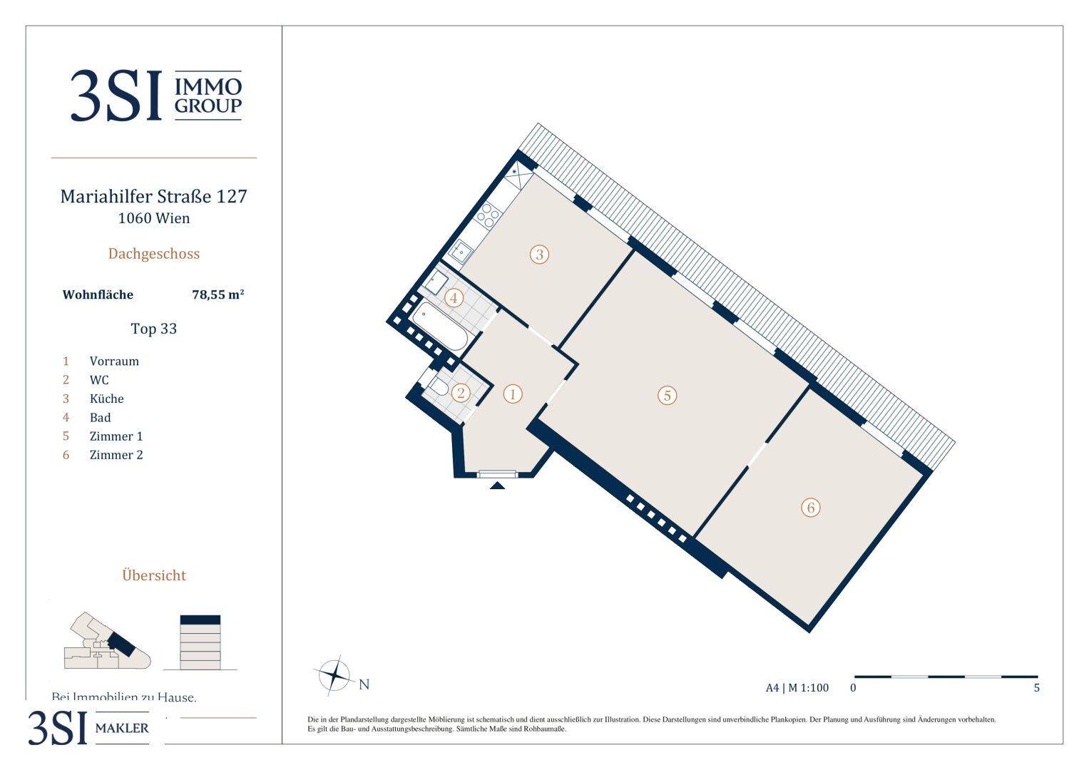 Grundriss einer Dachgeschosswohnung mit zwei Zimmern, separatem WC, Bad und Küche, inklusive Dachschrägen.