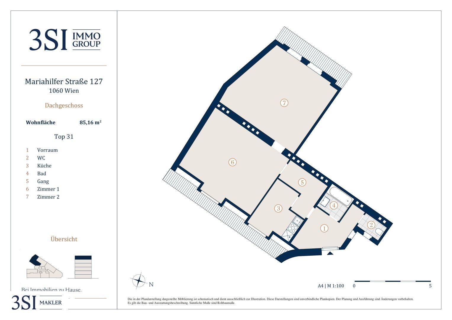 Grundriss einer Dachgeschosswohnung mit 85,16 m² Wohnfläche, inklusive zwei Zimmern, Küche und Bad.