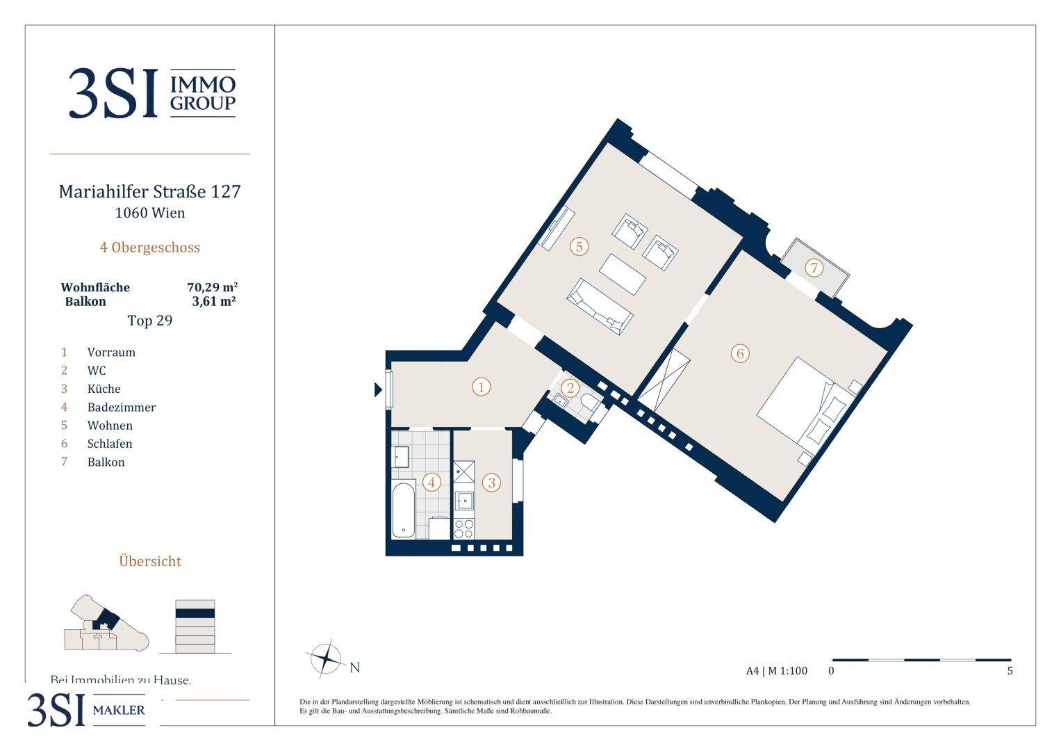 Grundriss einer Wohnung mit separater Küche, Wohnzimmer, Schlafzimmer und einem Balkon.