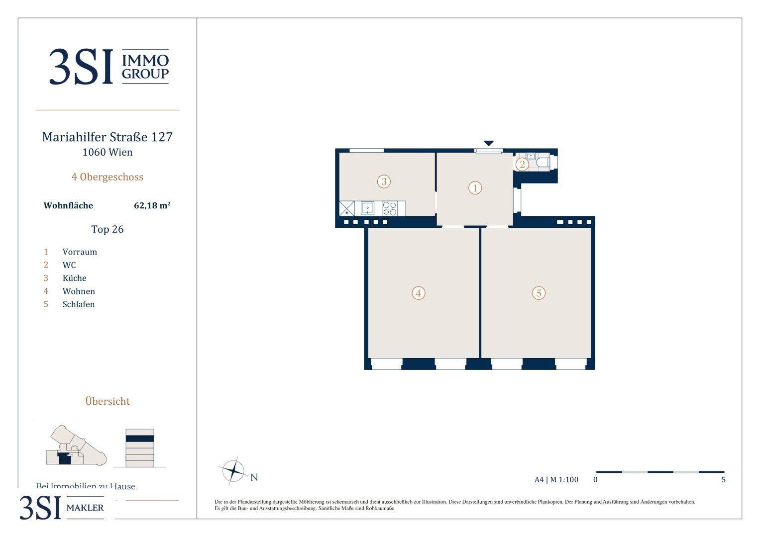 Grundriss einer Wohnung im 4. Obergeschoss mit 62,18 m² Wohnfläche, bestehend aus Vorraum, WC, Küche, Wohn- und Schlafzimmer.