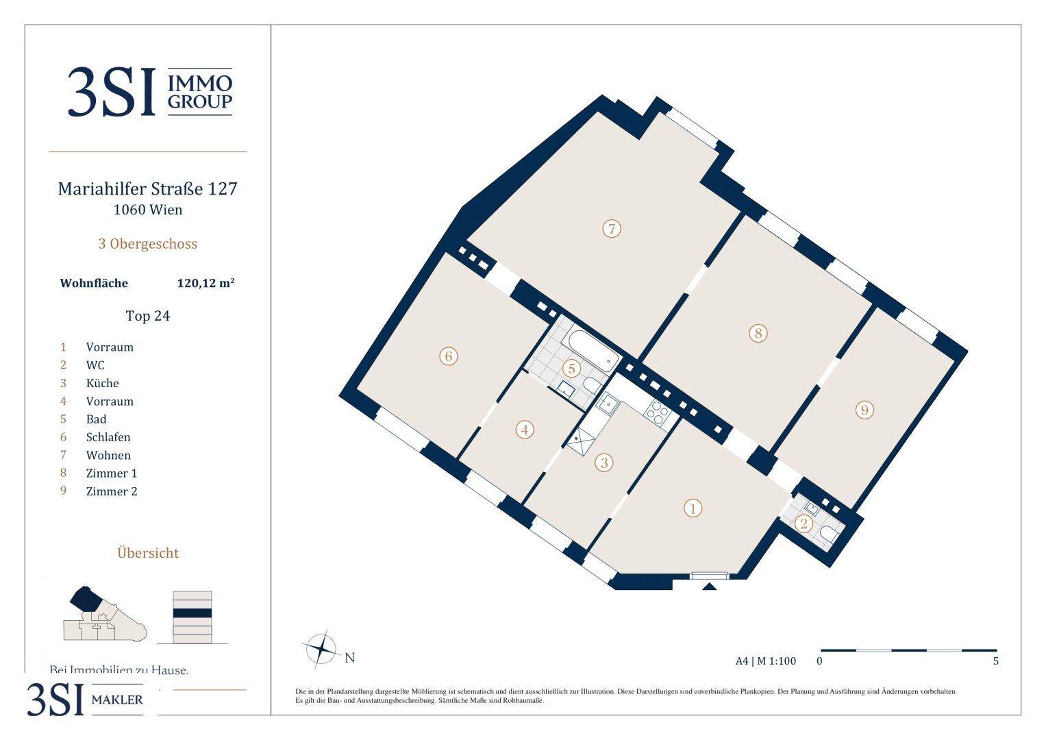 Grundriss einer Wohnung mit 120,12 m² Wohnfläche, mehreren Zimmern, Bad und separatem WC.