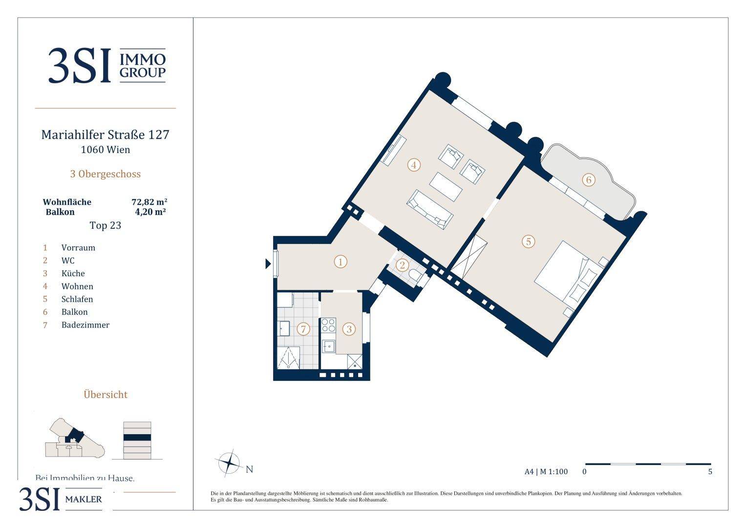 Grundriss einer Wohnung im dritten Obergeschoss mit separater Küche, Wohnzimmer, Schlafzimmer, Badezimmer und Balkon.