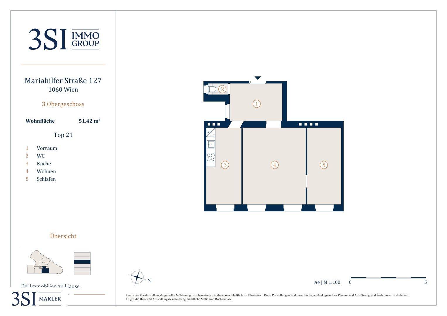 Grundriss einer 51,42 m² großen Wohnung mit Vorraum, separatem WC, Küche, Wohnzimmer und Schlafzimmer.