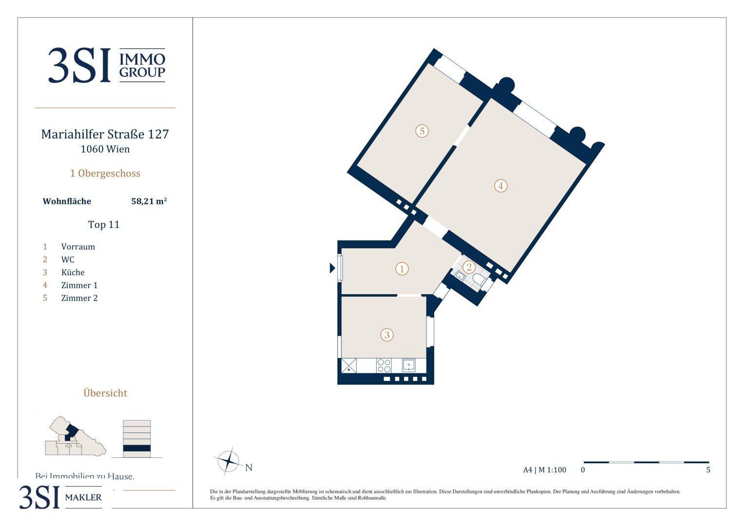 Grundriss einer Wohnung mit 58,21 m² Wohnfläche, bestehend aus Vorraum, WC, Küche und zwei Zimmern.