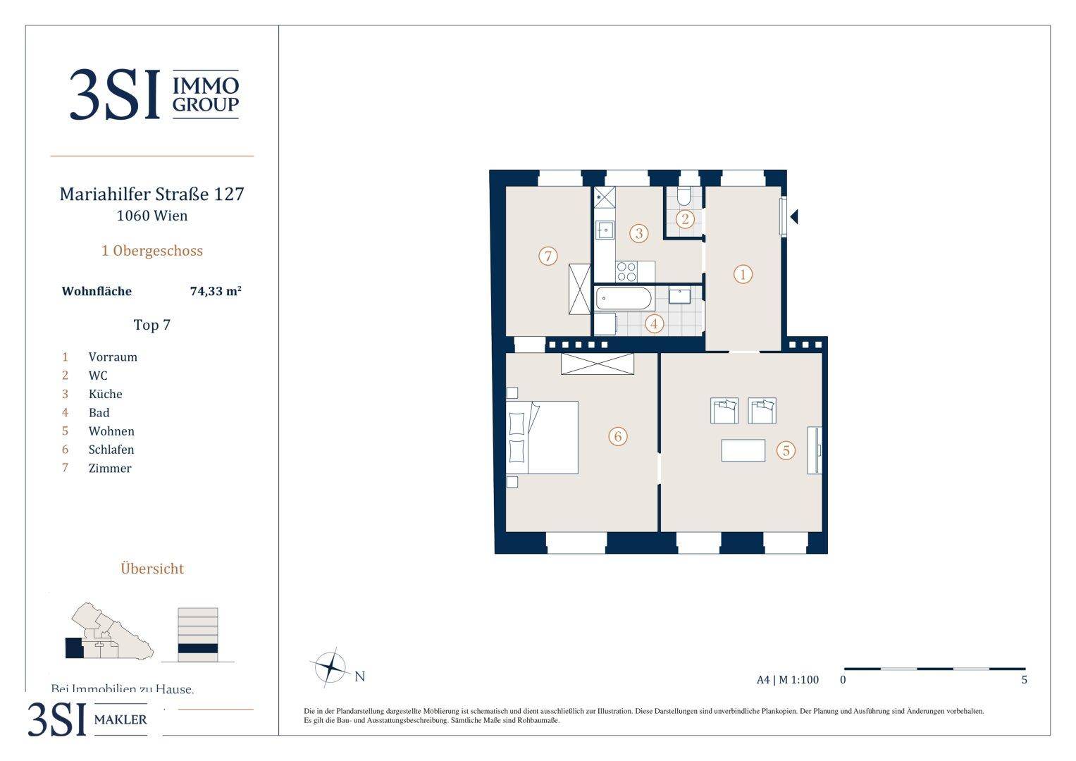 Grundriss einer Wohnung mit 74,33 m² Wohnfläche, separatem WC und Bad.