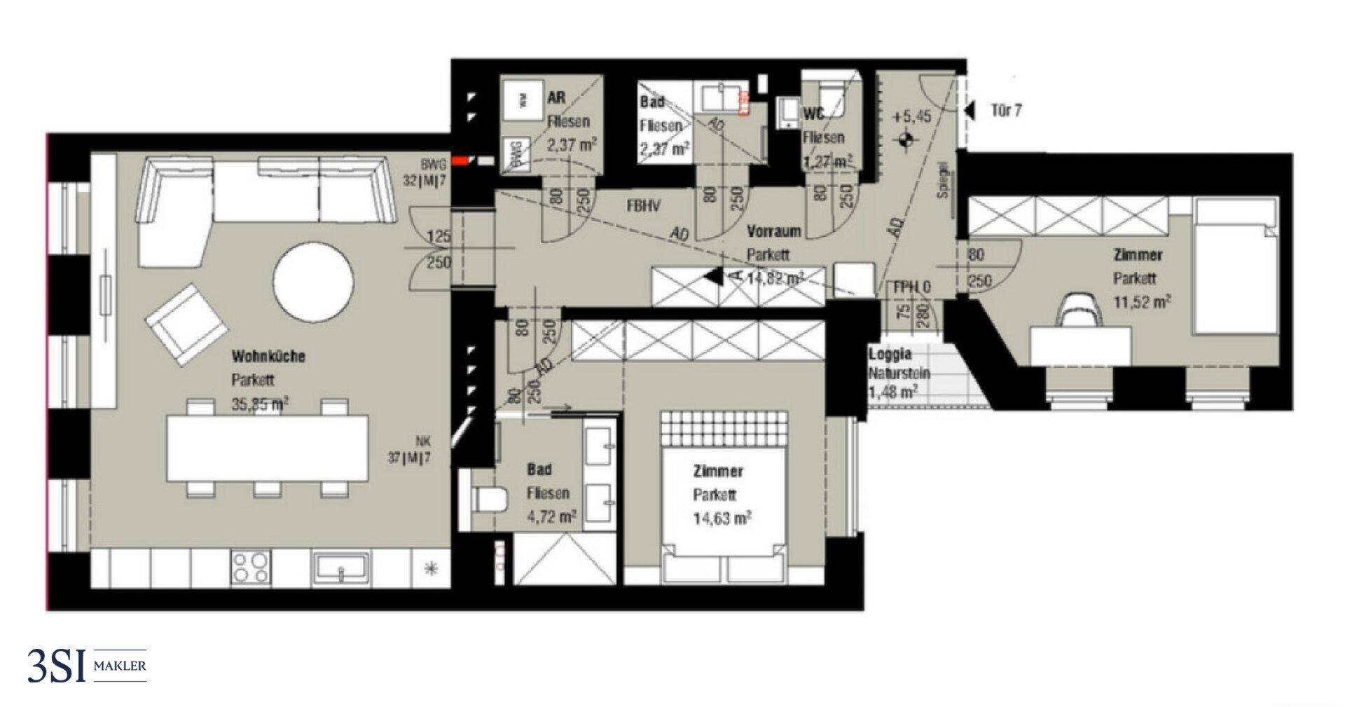 Grundriss einer Wohnung mit Wohnküche, zwei Schlafzimmern und Loggia.