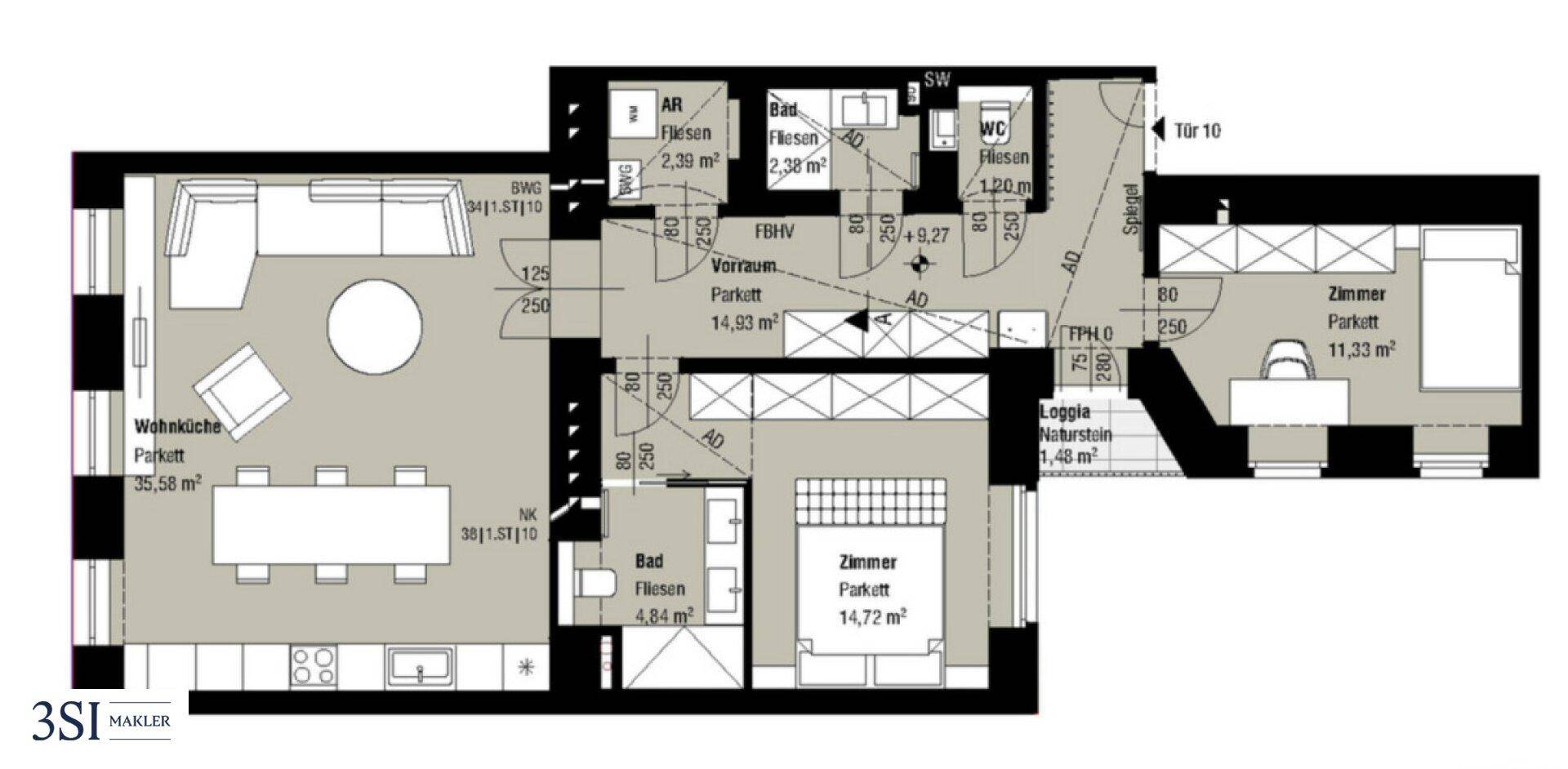 Detaillierter Grundriss einer Wohnung mit Wohnküche, zwei Zimmern, Bad, WC und Loggia.