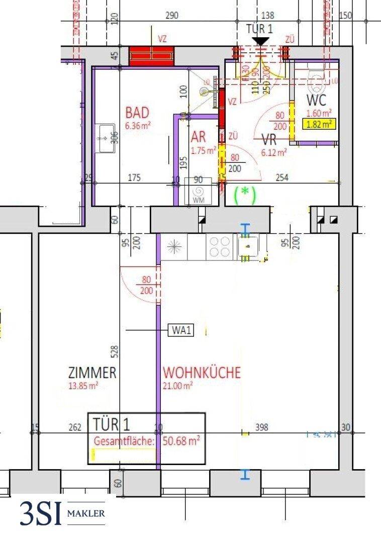 Grundriss einer Wohnung mit Wohnküche, Zimmer, Bad und WC, Gesamtfläche 50,68 m².