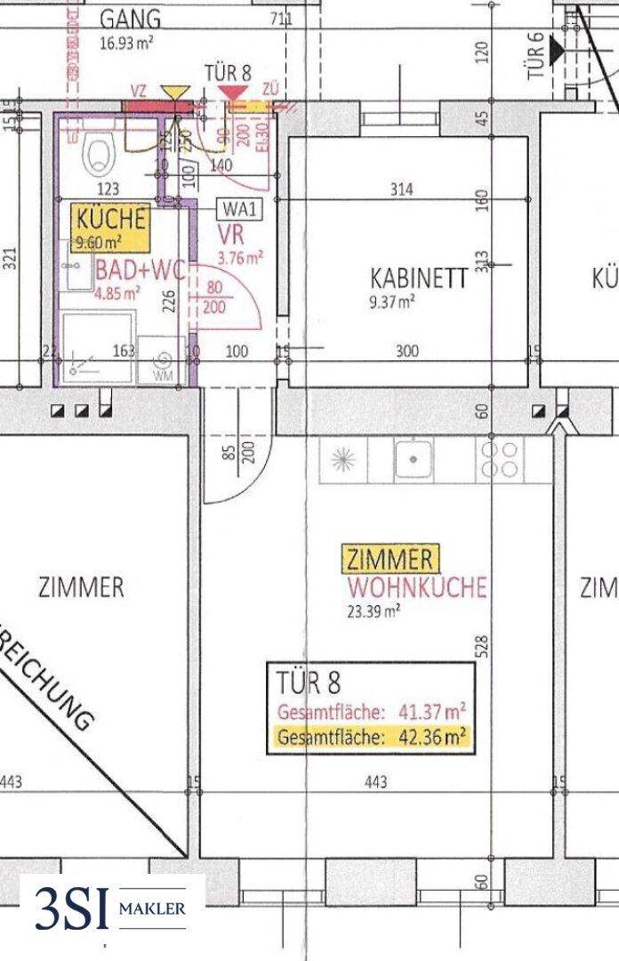 Detaillierter Grundriss einer Wohnung mit mehreren Zimmern und Wohnküche.