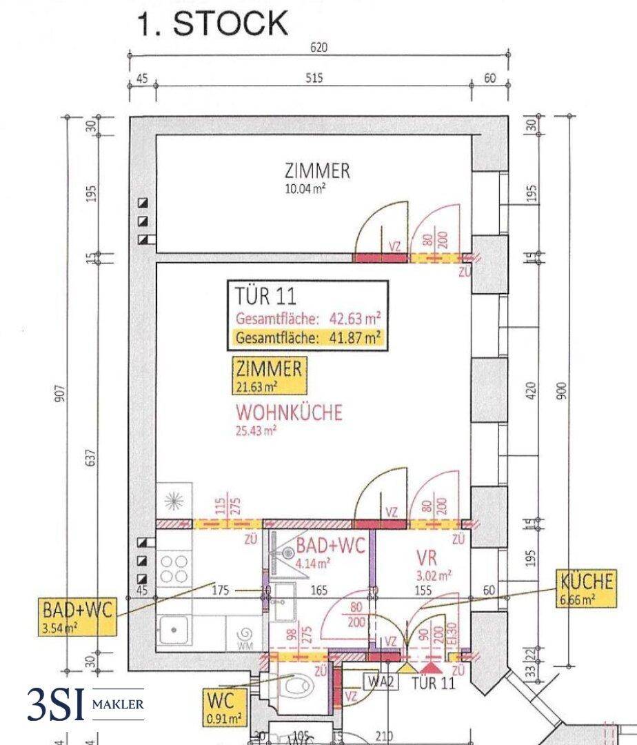 Grundriss des ersten Stocks mit Zimmern, Wohnküche, Bad und separatem WC.