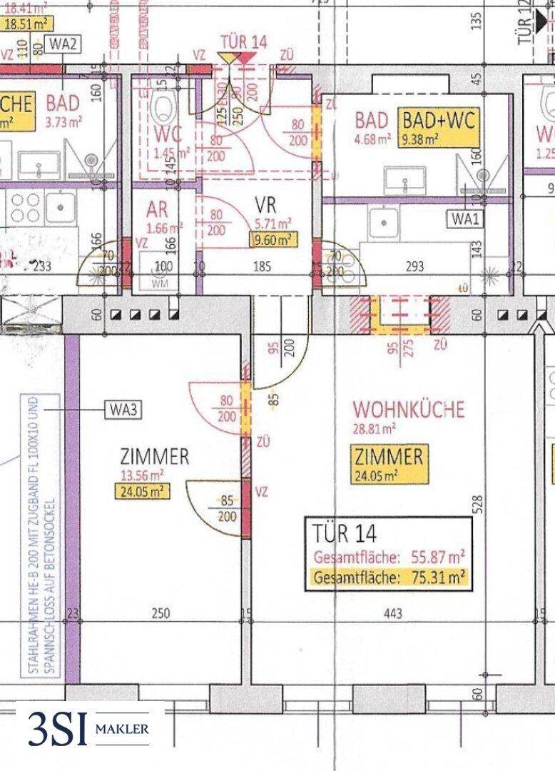 Detaillierter Grundriss einer Wohnung mit mehreren Zimmern, Bad und Wohnküche.