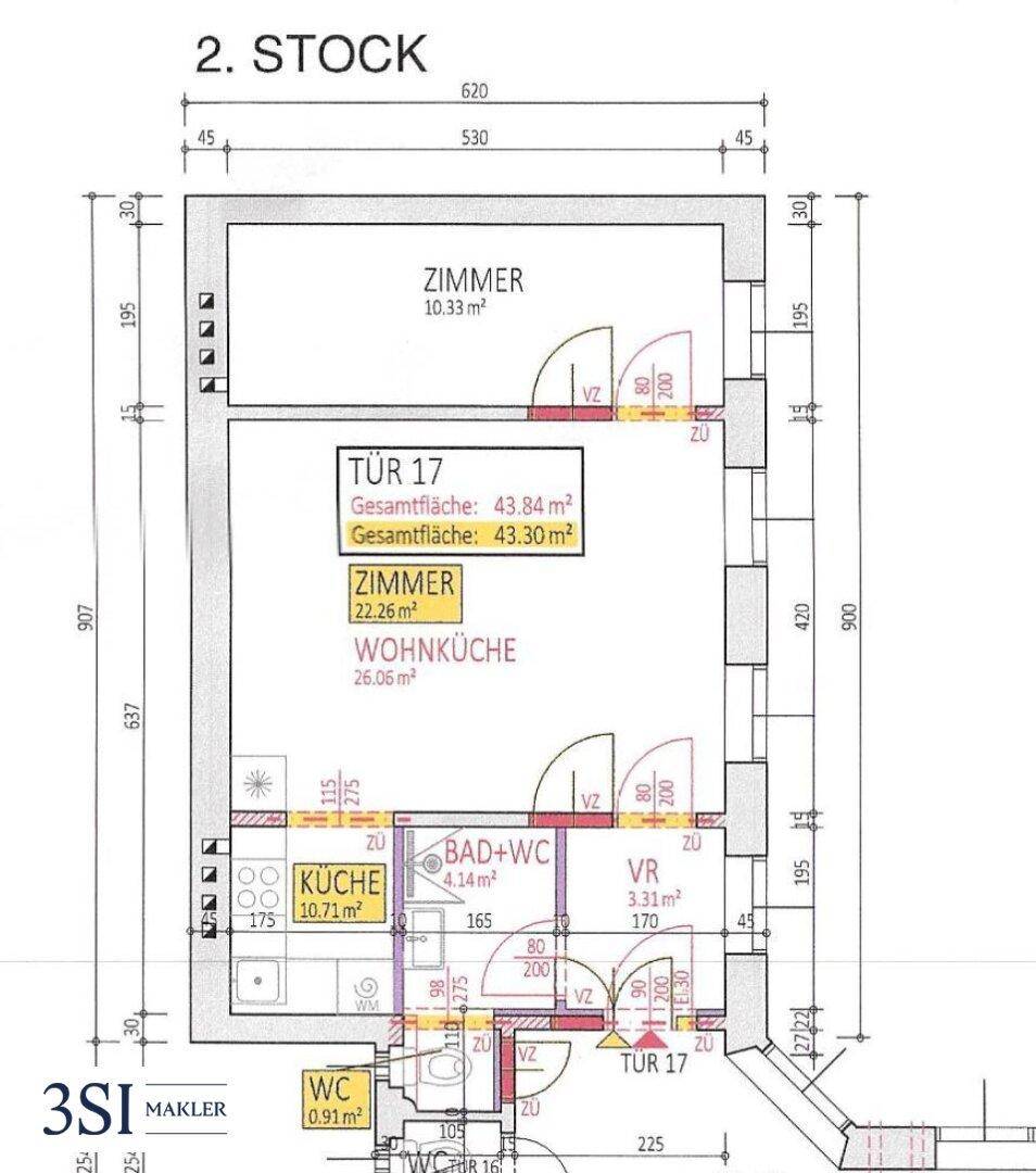 Detaillierter Grundriss des zweiten Stocks mit Zimmern, Wohnküche und Bad.