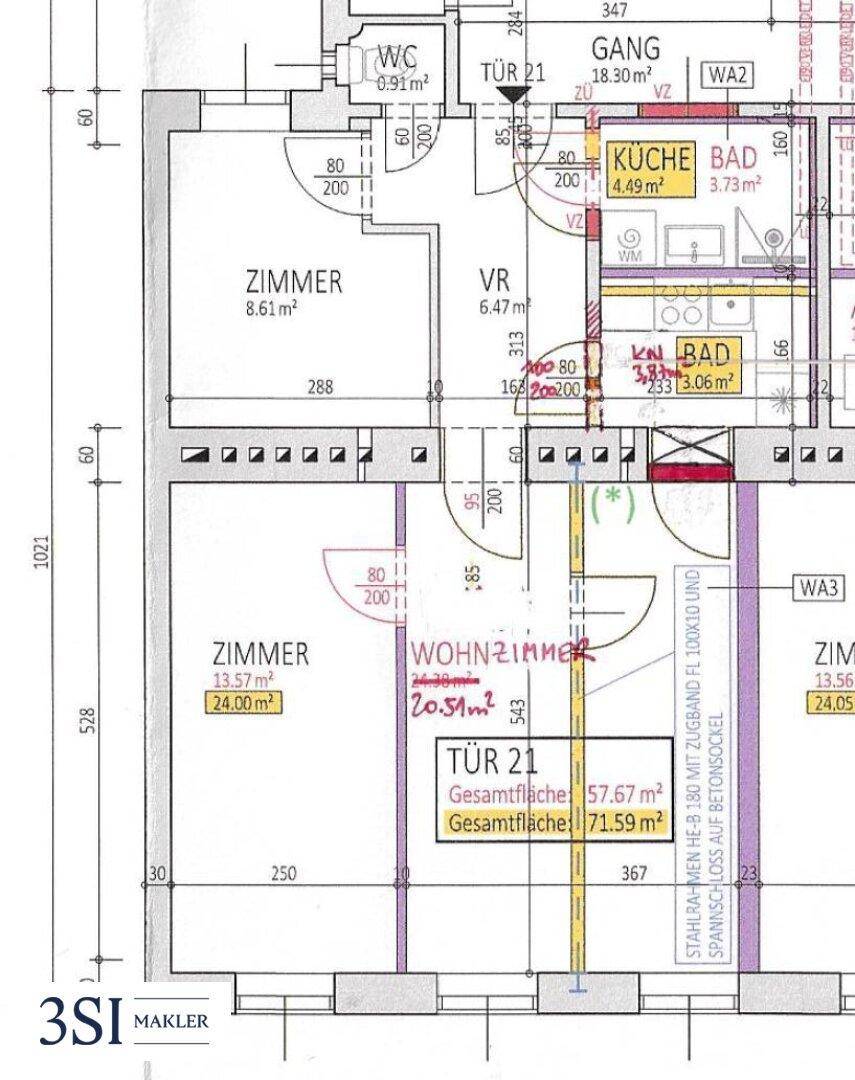 Grundriss einer Wohnung mit Zimmern, Küche, Bad und WC.