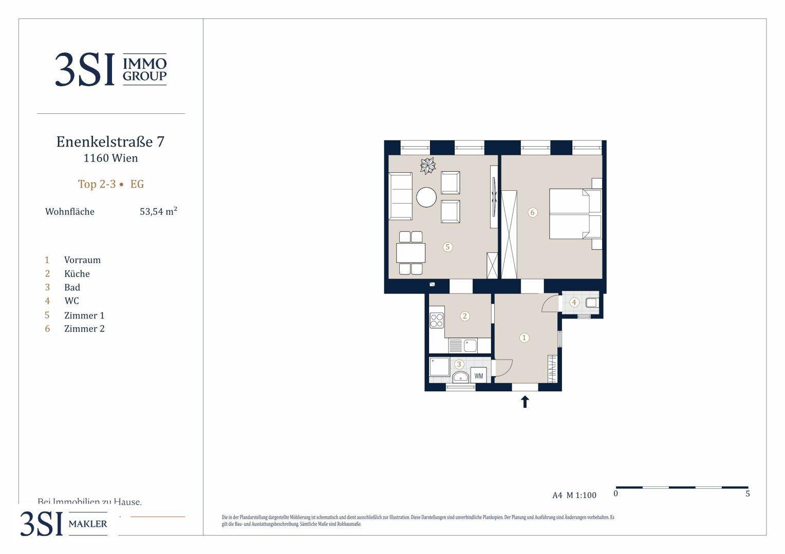 Grundriss einer Wohnung mit zwei Zimmern, Küche, Bad und separatem WC.
