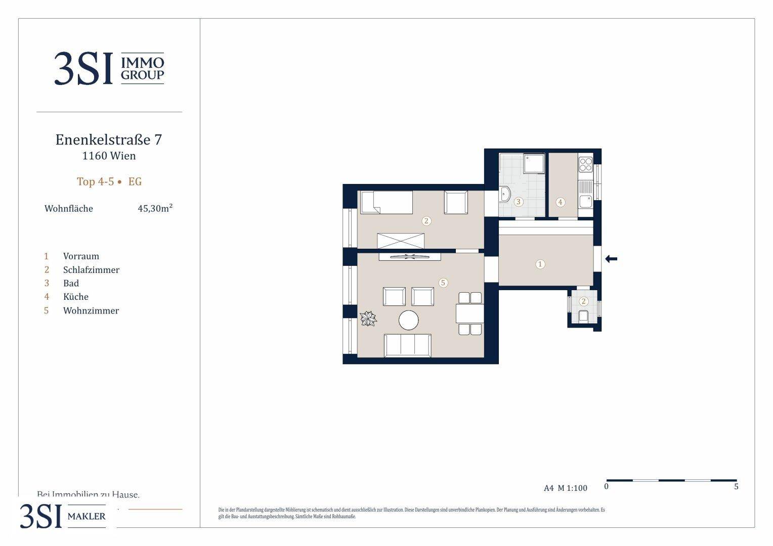 Grundriss einer Wohnung mit 45,30 m² Wohnfläche, Schlafzimmer und Wohnzimmer.