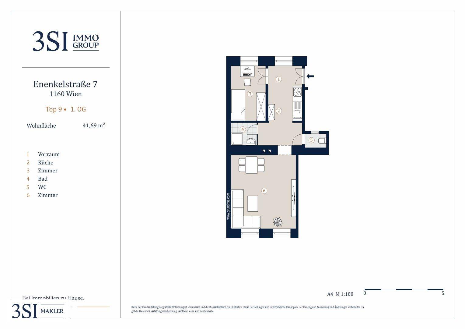 Grundrissplan einer Wohnung mit 41,69 m² Wohnfläche, inklusive Küche und Bad.