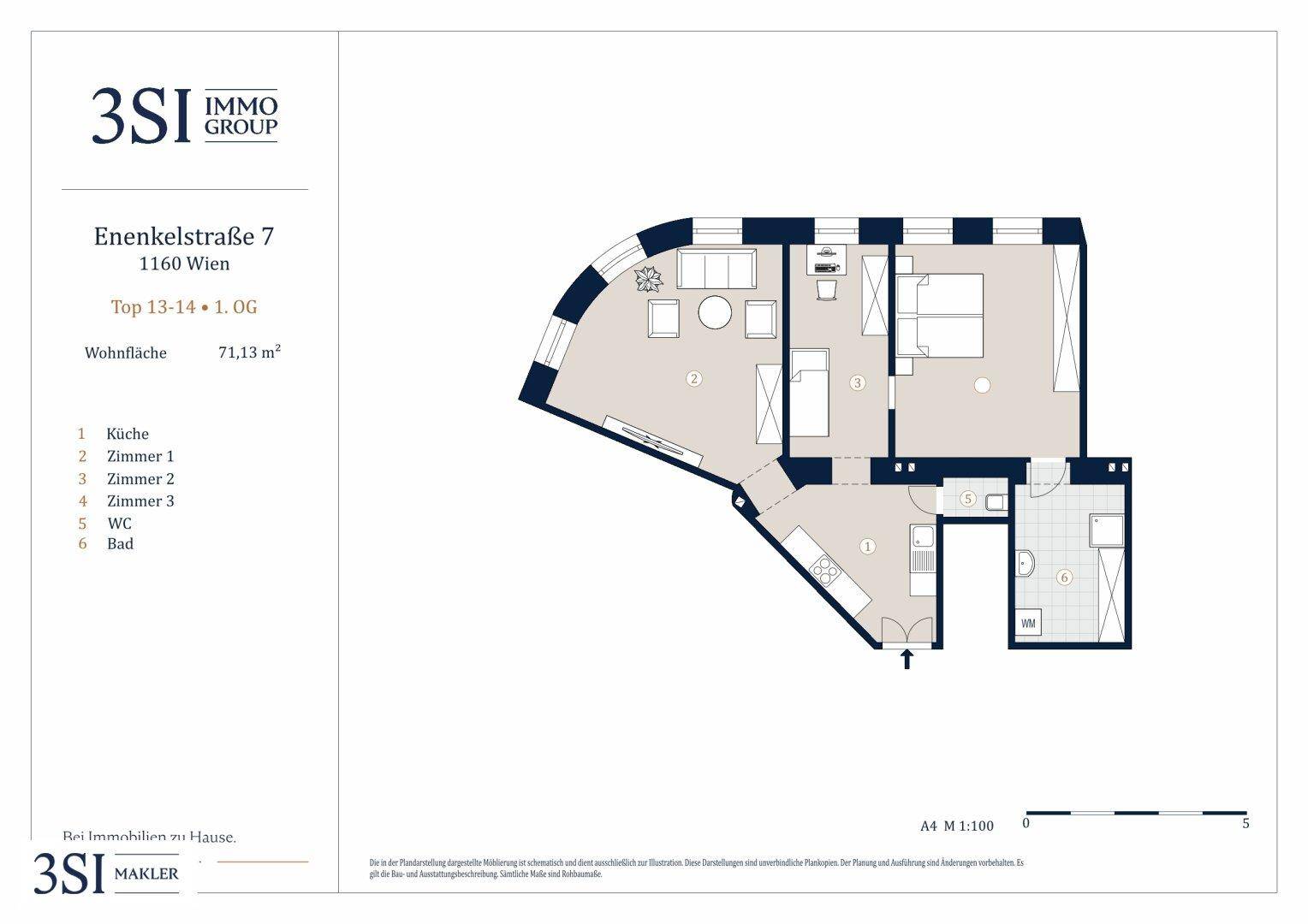 Detaillierter Grundriss einer Wohnung mit drei Zimmern, separatem WC und Bad auf 71,13 m².