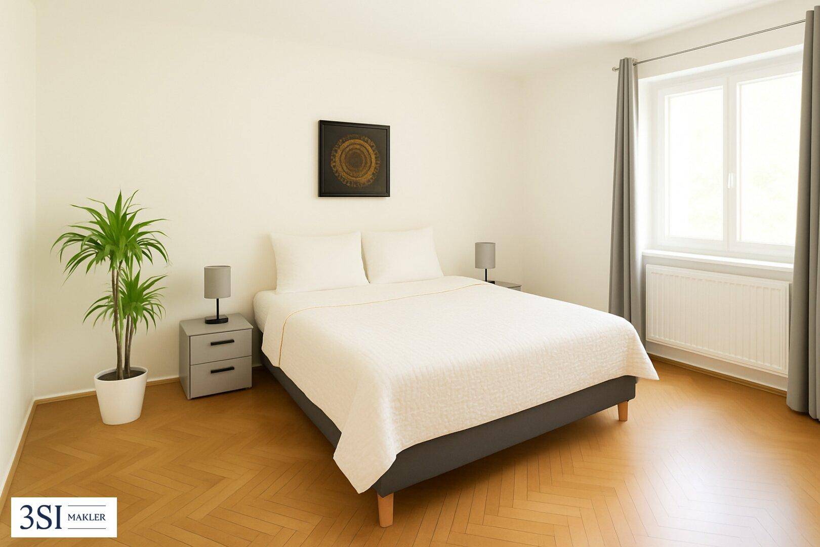 Gemütliches Schlafzimmer mit Doppelbett, Nachttischen und Parkettboden, hell durch das große Fenster.