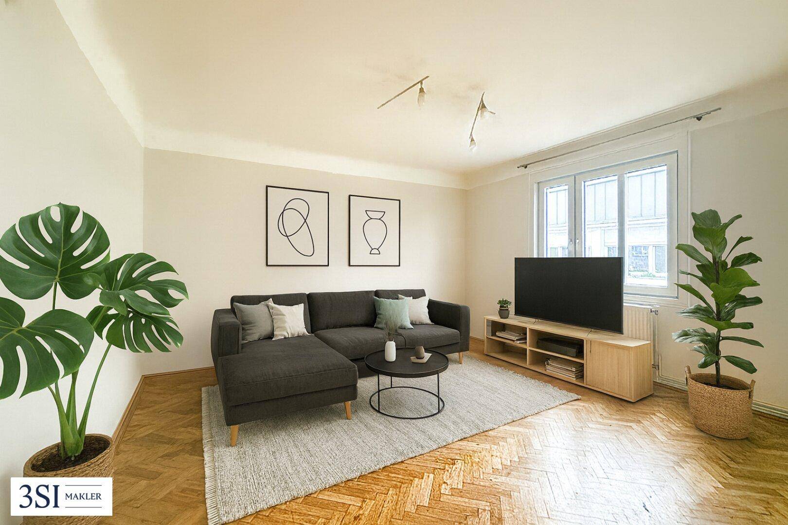 Helles Wohnzimmer mit modernem Sofa, Fernseher und Parkettboden, dekoriert mit Pflanzen.