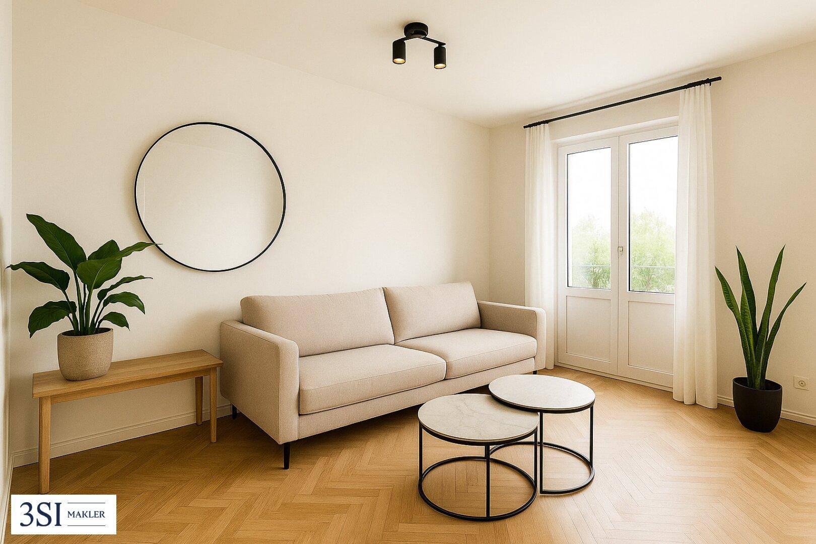 Helles Wohnzimmer mit beigem Sofa, runden Couchtischen und Zugang zu einem französischen Balkon.