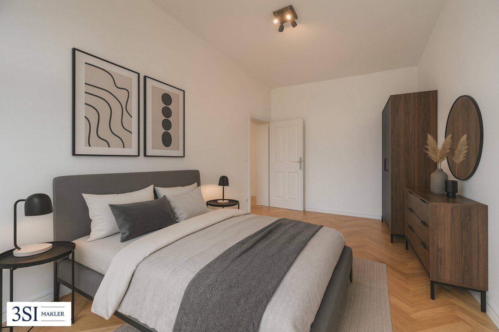 Modern eingerichtetes Schlafzimmer mit Doppelbett, Holzmöbeln und Fischgrätparkett.