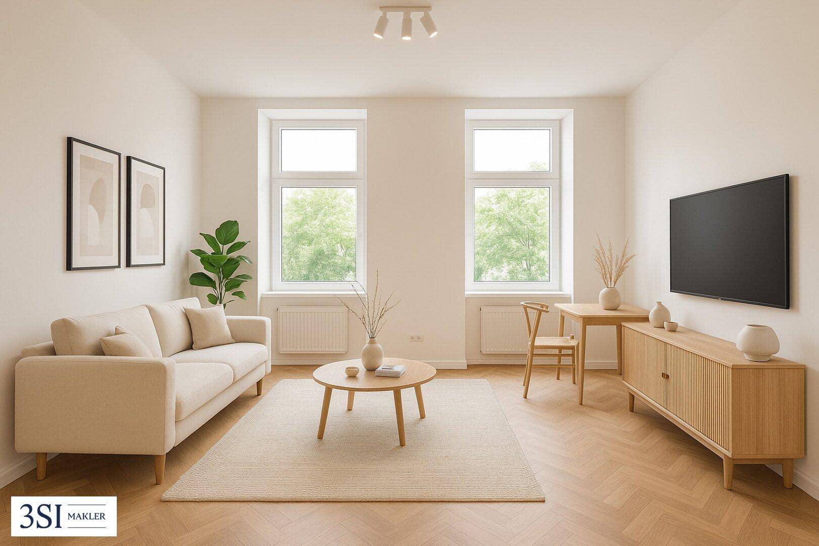 Gemütliches Wohnzimmer mit modernem Sofa, Fernseher und Blick ins Grüne durch die Fenster.