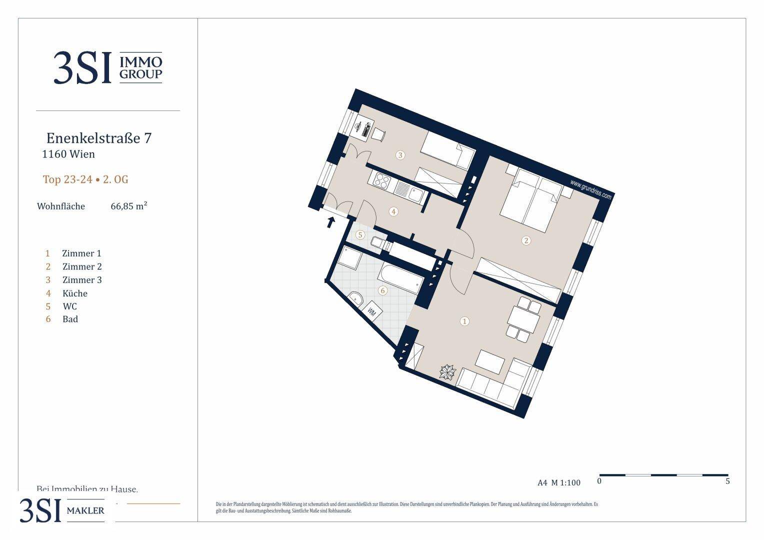 Grundriss einer Wohnung mit drei Zimmern, Bad und separatem WC auf 66,85 m².