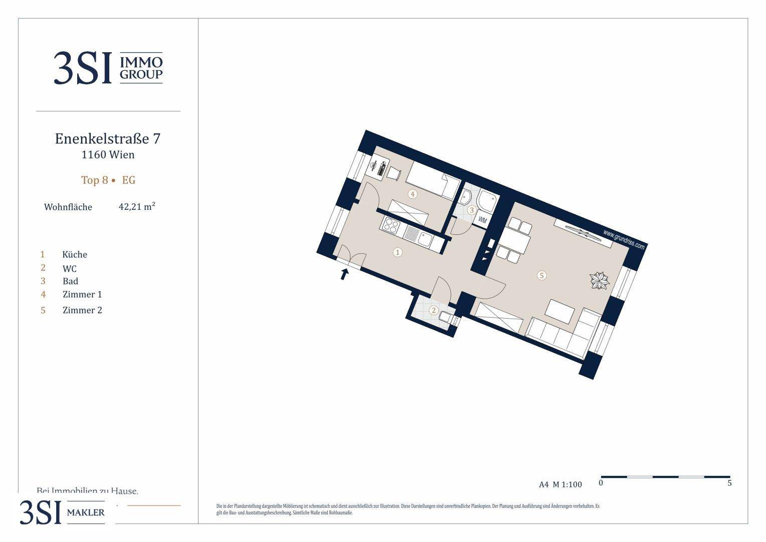 Grundriss einer Wohnung in Wien mit einer Wohnfläche von 42,21 m², zeigt zwei Zimmer und Bad.
