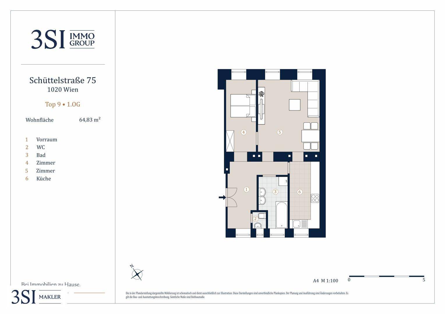Grundriss einer Wohnung mit offenem Wohn-Essbereich, integrierter Küche, einem Schlafzimmer und separatem WC.