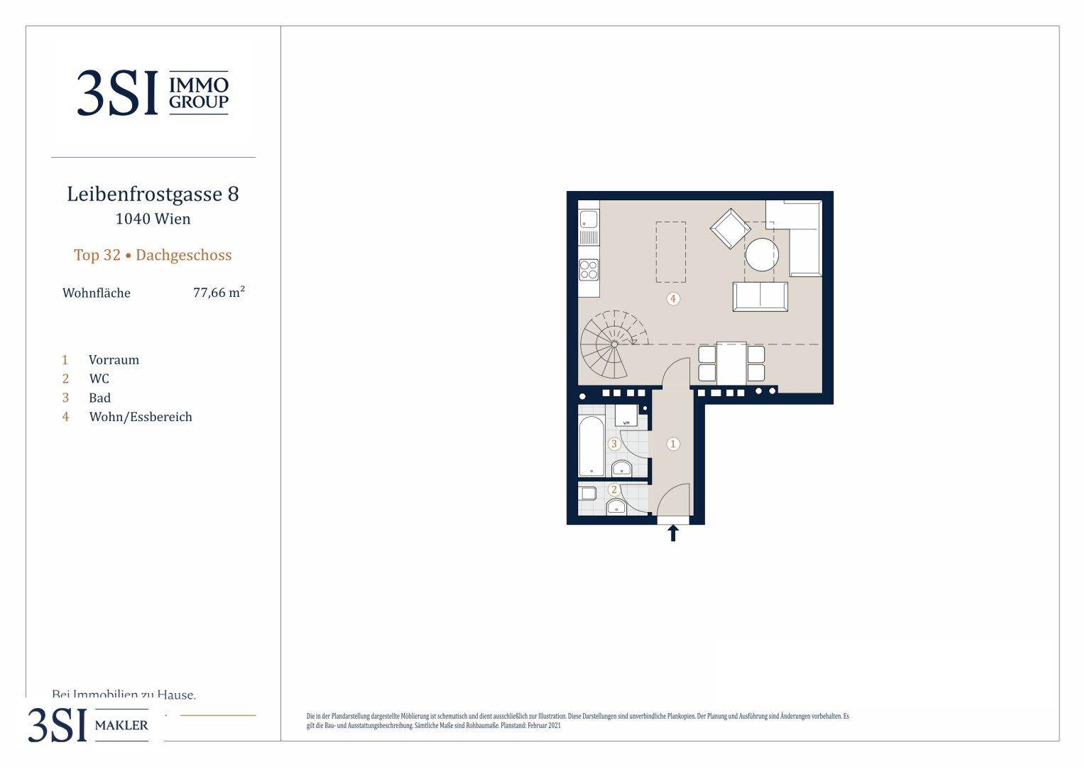 Grundriss des unteren Dachgeschosses mit offenem Wohn-/Essbereich, separatem WC und Bad.
