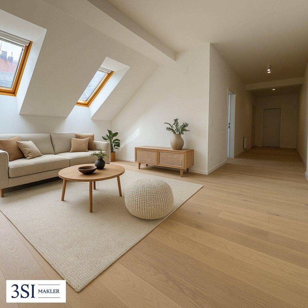 Helles Wohnzimmer im Dachgeschoss mit Holzboden, gemütlichem Sofa und Dachfenstern für viel Licht.