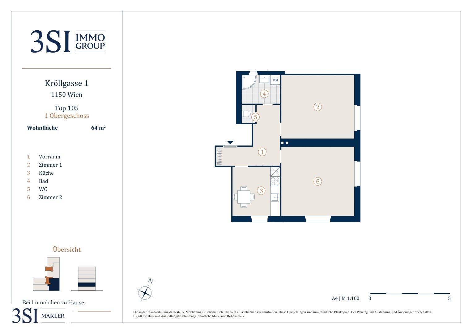 Grundriss einer 64 m² Wohnung mit zwei Zimmern, separater Küche, Bad und Gäste-WC.