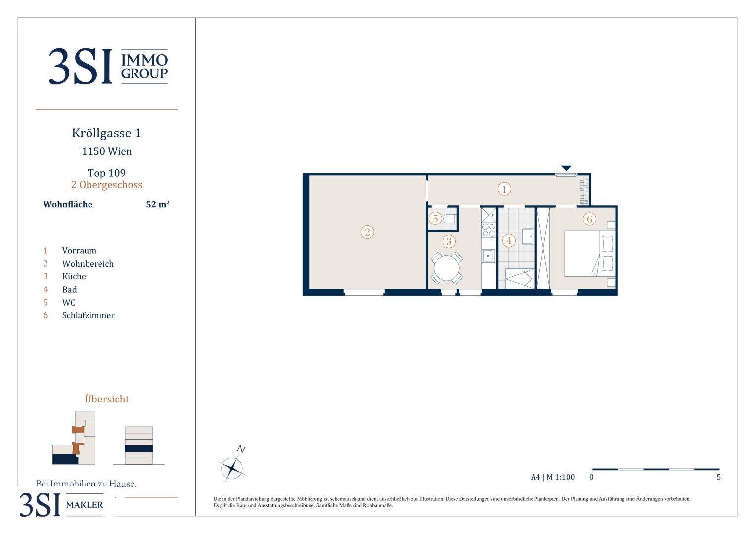 Grundriss einer 52 m² Wohnung mit Wohnbereich, separater Küche, Bad, WC und Schlafzimmer.