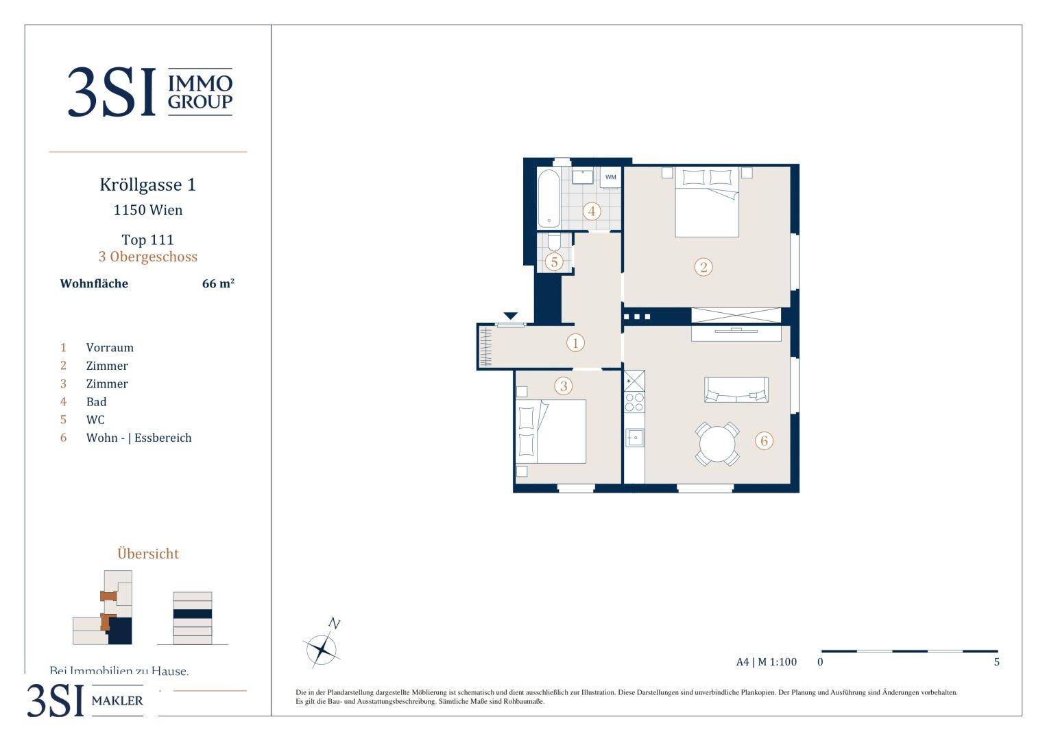 Grundriss einer Wohnung mit 66 m² Wohnfläche, zwei Schlafzimmern, einem Bad und einem separaten WC.