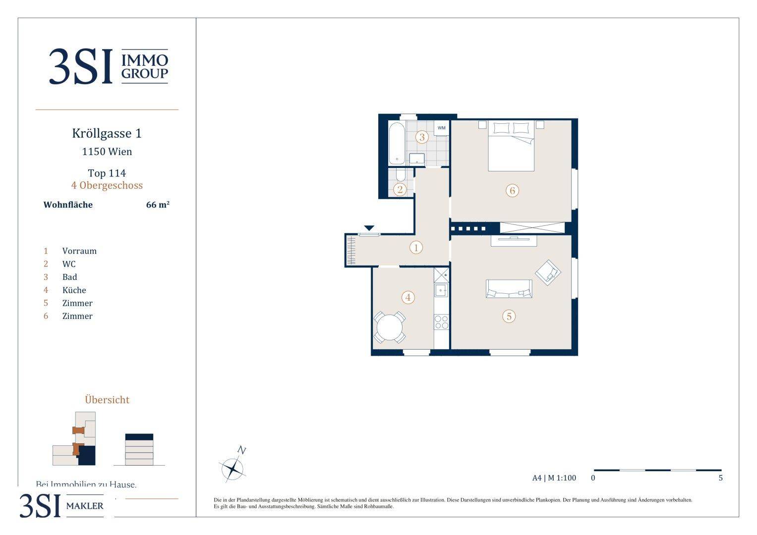 Grundriss einer 66 m² großen Wohnung mit zwei Zimmern, Bad, WC und Küche.