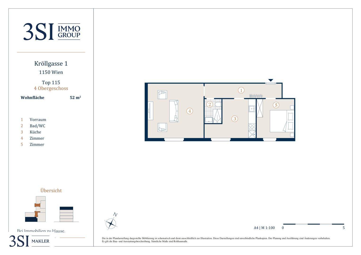 Grundriss einer 52m² Wohnung mit Vorraum, Bad/WC, Küche und zwei Zimmern.