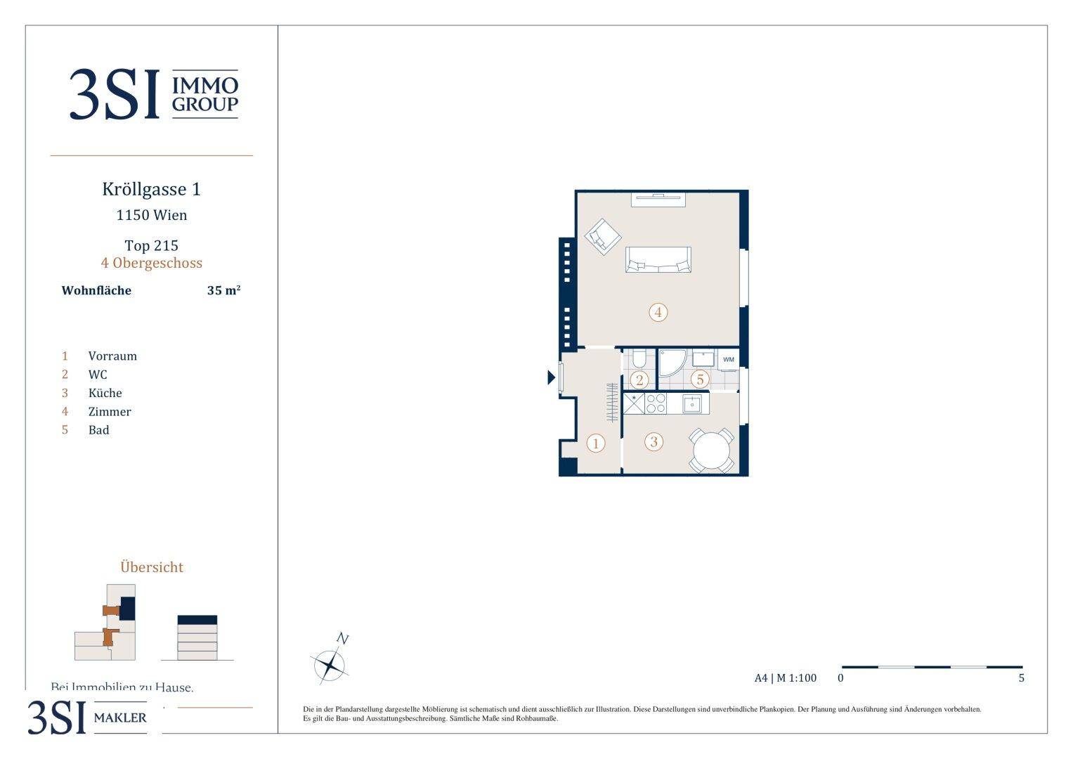Grundriss einer 35 m² Wohnung mit Vorraum, WC, Küche, Zimmer und Bad.