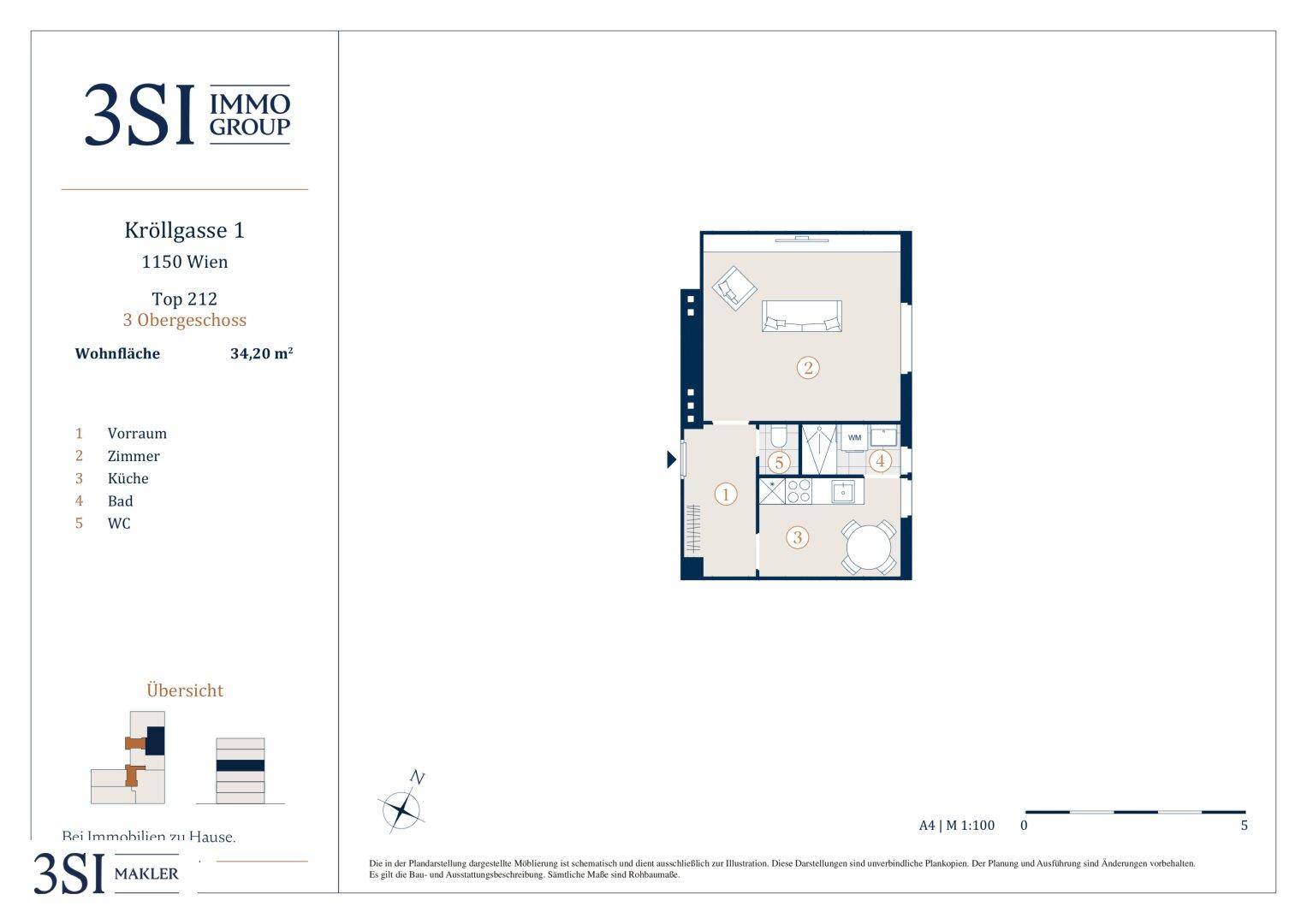 Grundriss einer kleinen Wohnung mit 34,20 m² Wohnfläche, aufgeteilt in Wohnbereich, Küche, Bad und WC.