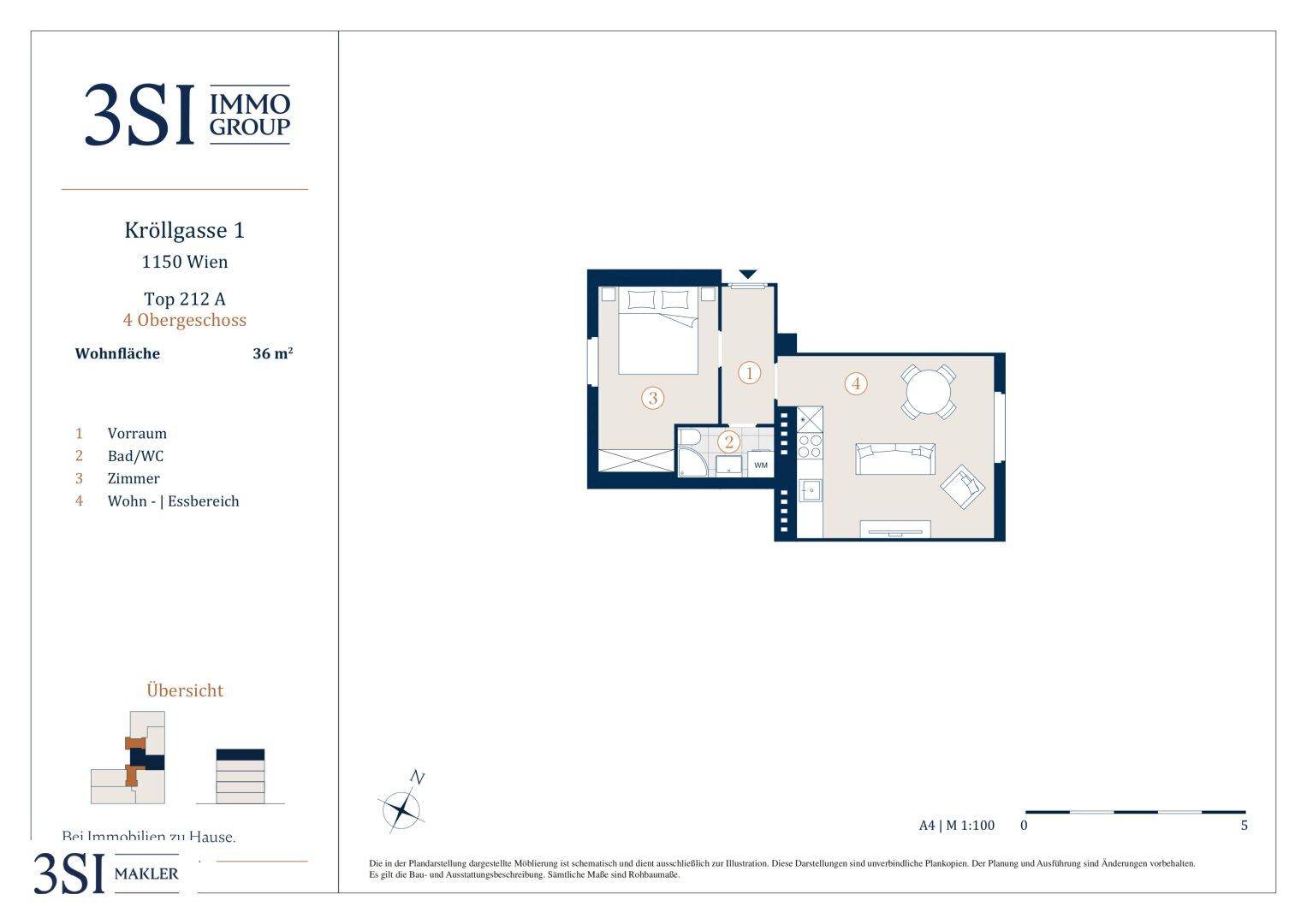 Grundriss einer 36 m² großen Wohnung mit Schlafzimmer, Bad und Wohn-Essbereich.