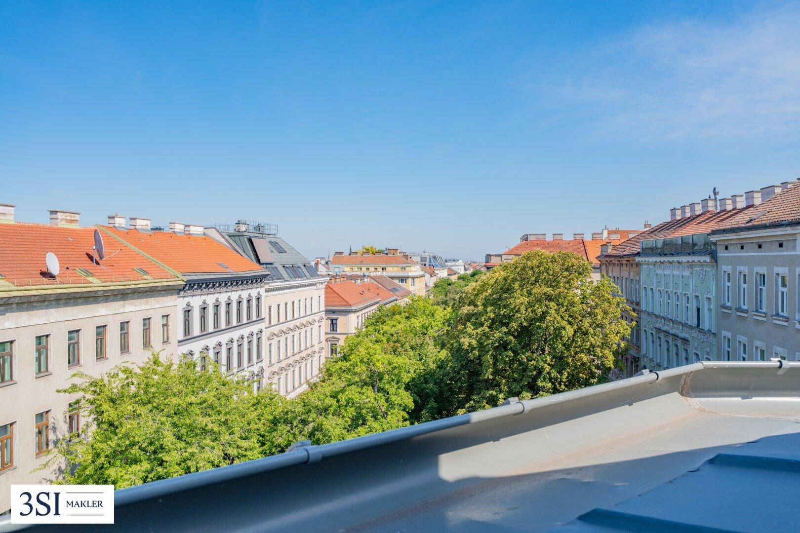 Weitläufiger Blick über die Dächer der Stadt mit grünen Bäumen und historischer Architektur.