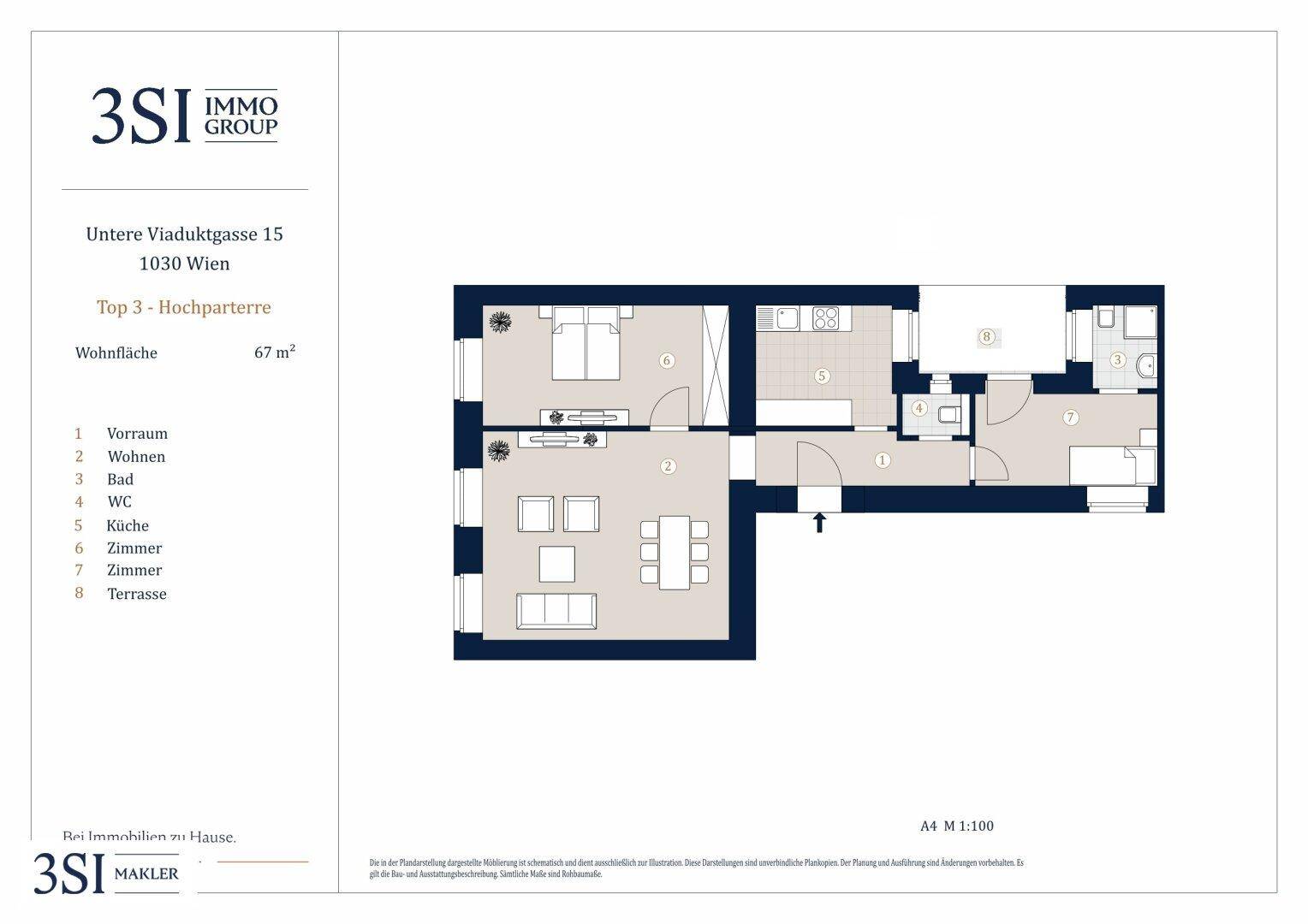 Grundriss einer Wohnung mit offenem Wohnbereich, Schlafzimmer, Bad, separatem WC und einer Terrasse.