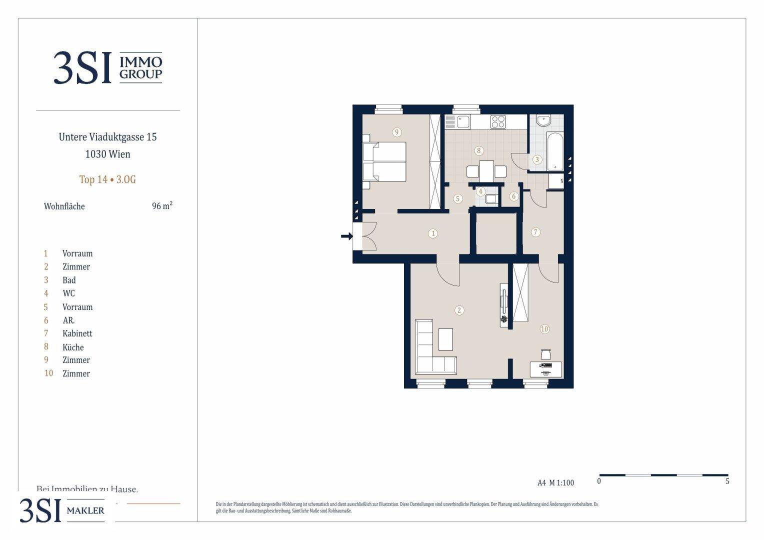 Grundriss einer geräumigen Wohnung mit separater Küche, drei Zimmern, Bad, WC und Abstellraum.