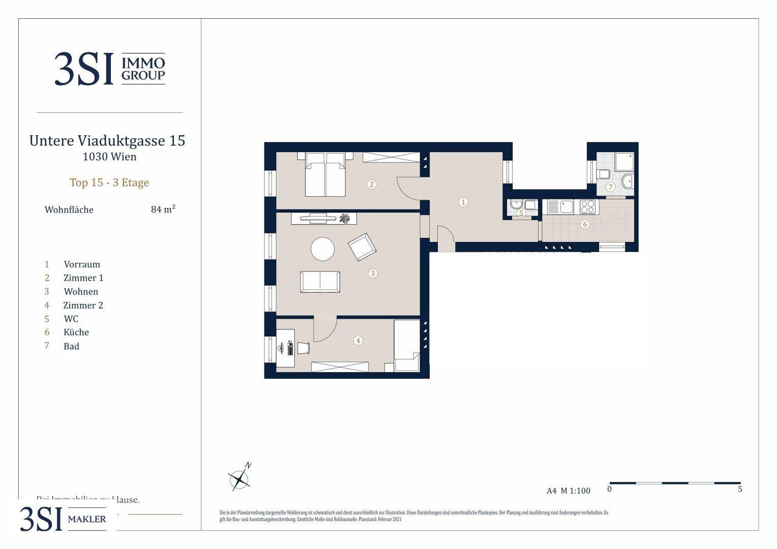 Grundriss einer Wohnung mit offenem Wohnbereich, zwei Schlafzimmern, Bad mit Dusche und separatem WC.