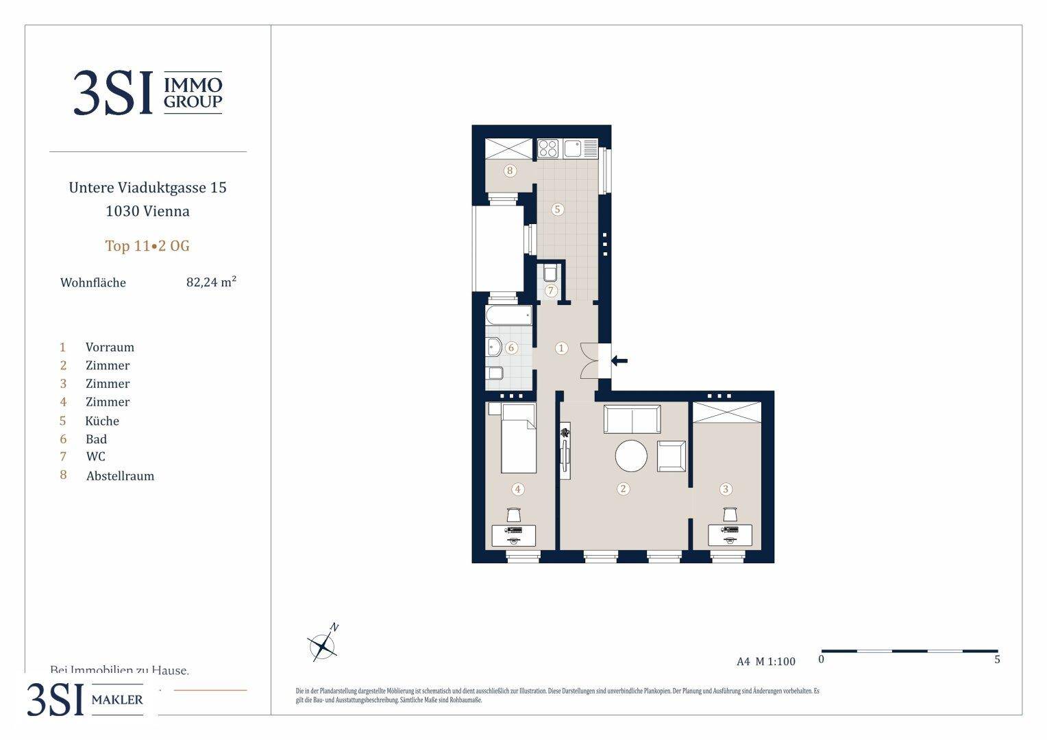 Grundriss einer 82,24 m² großen Wohnung mit drei Zimmern, separater Küche, Bad und WC.
