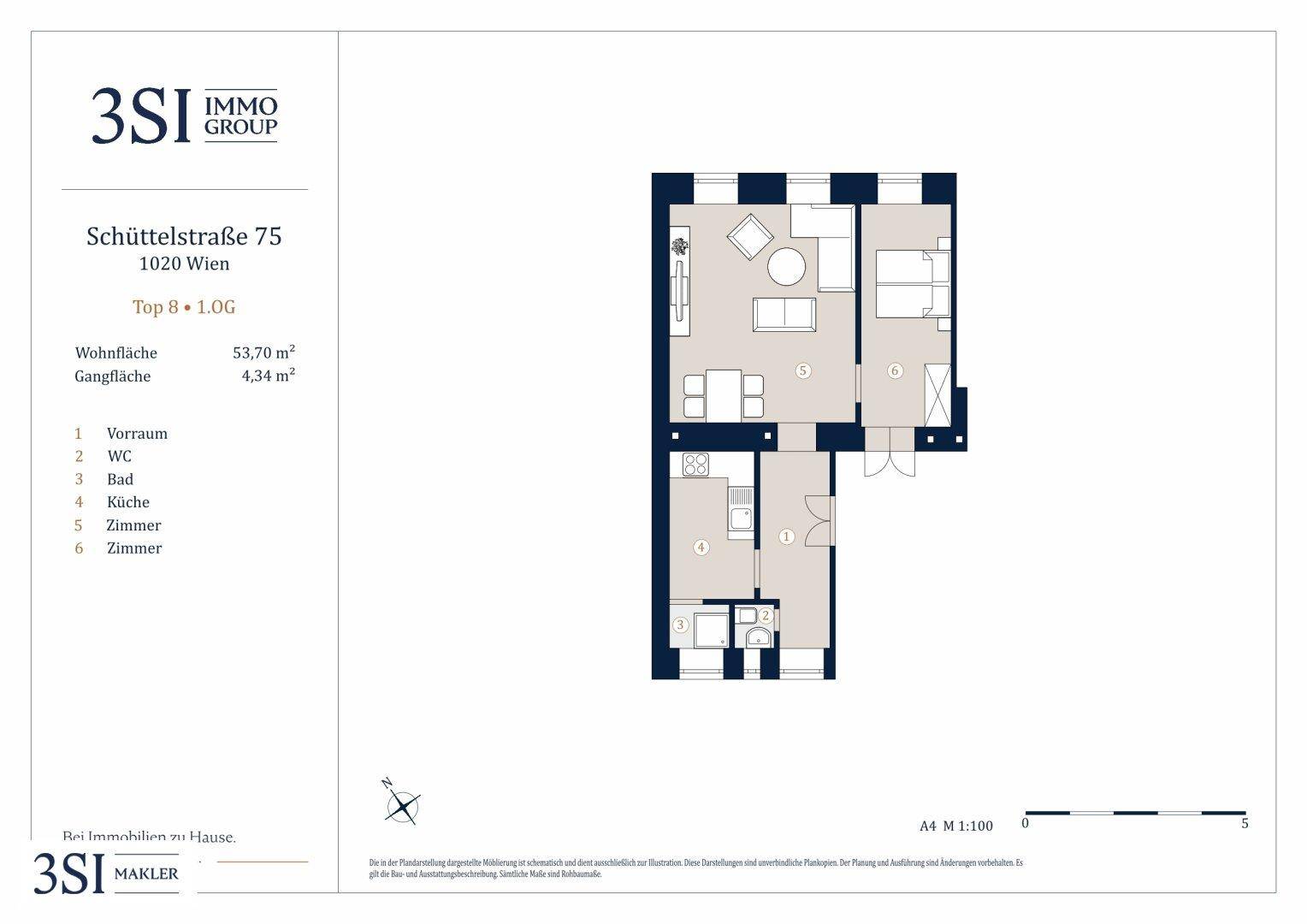 Grundriss einer Wohnung mit Wohnzimmer, Schlafzimmer, separater Küche, Bad und Gäste-WC.