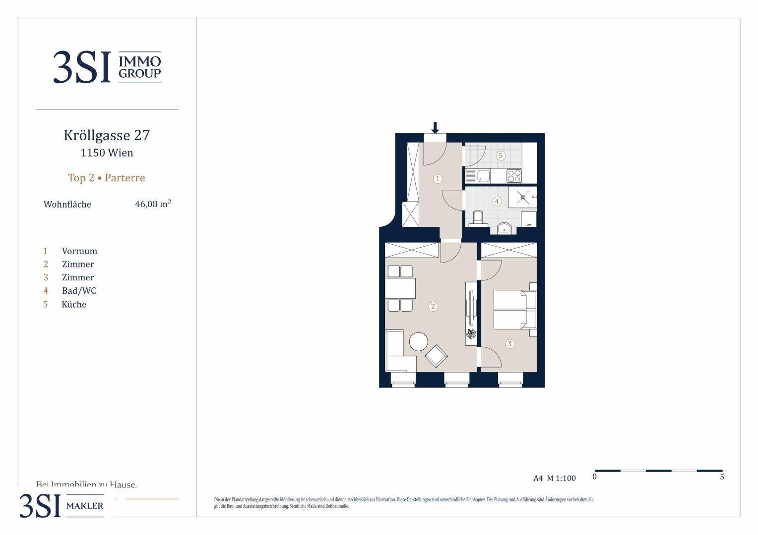 Grundriss der Wohnung "Top 2" im Parterre mit 46,08 m² Wohnfläche und Raumaufteilung.
