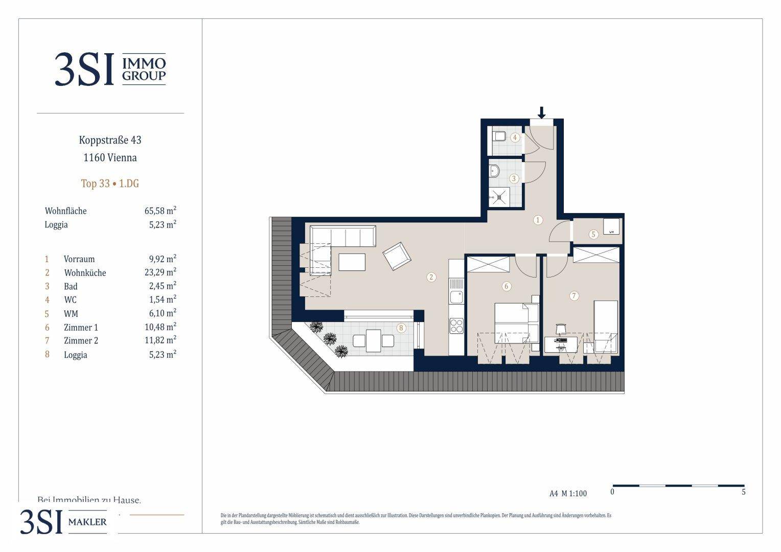 Grundriss einer Wohnung mit Loggia, zwei Schlafzimmern und offenem Wohnbereich.