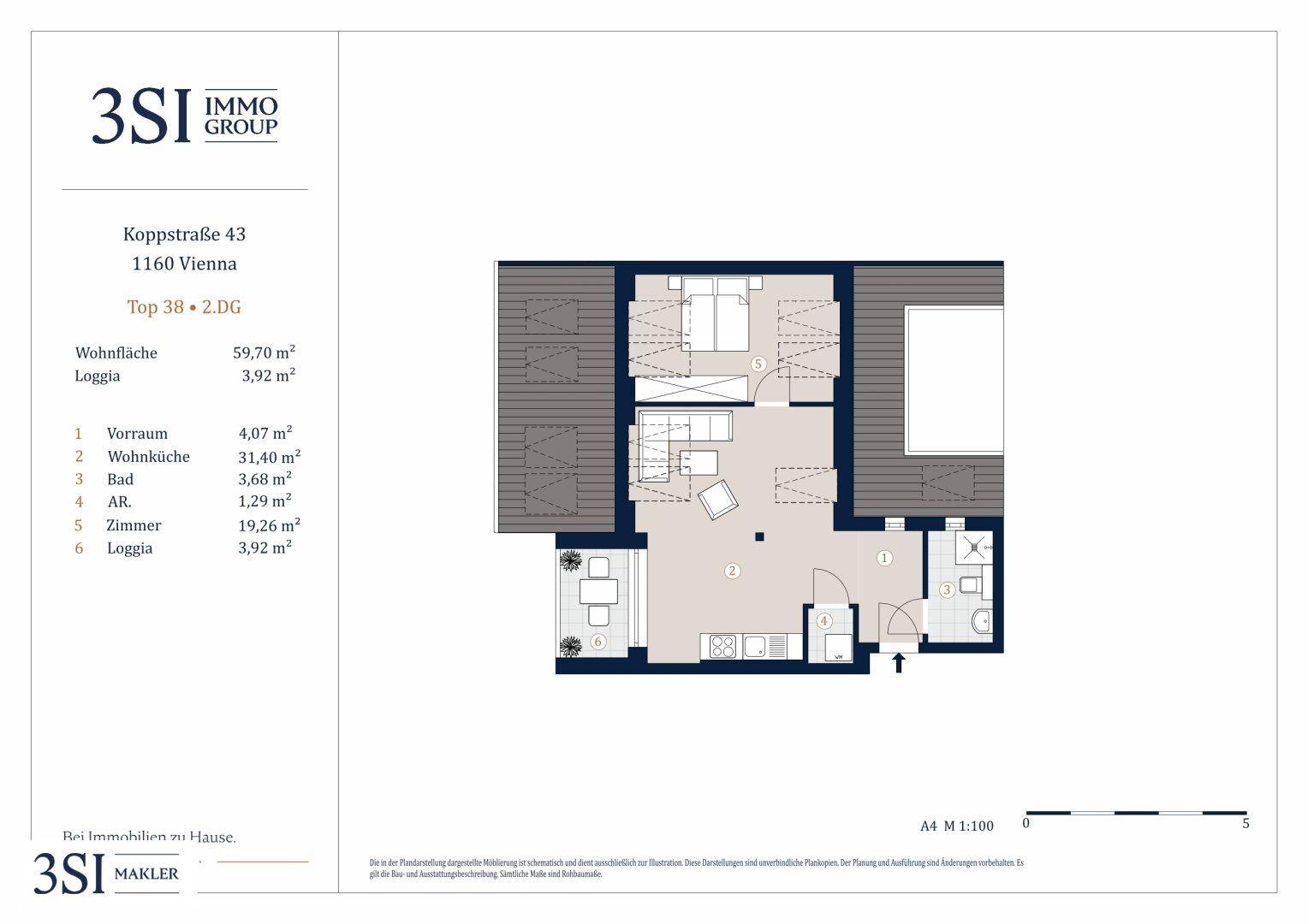 Grundrissplan einer Wohnung mit offener Wohnküche, einem Schlafzimmer und einer Loggia.