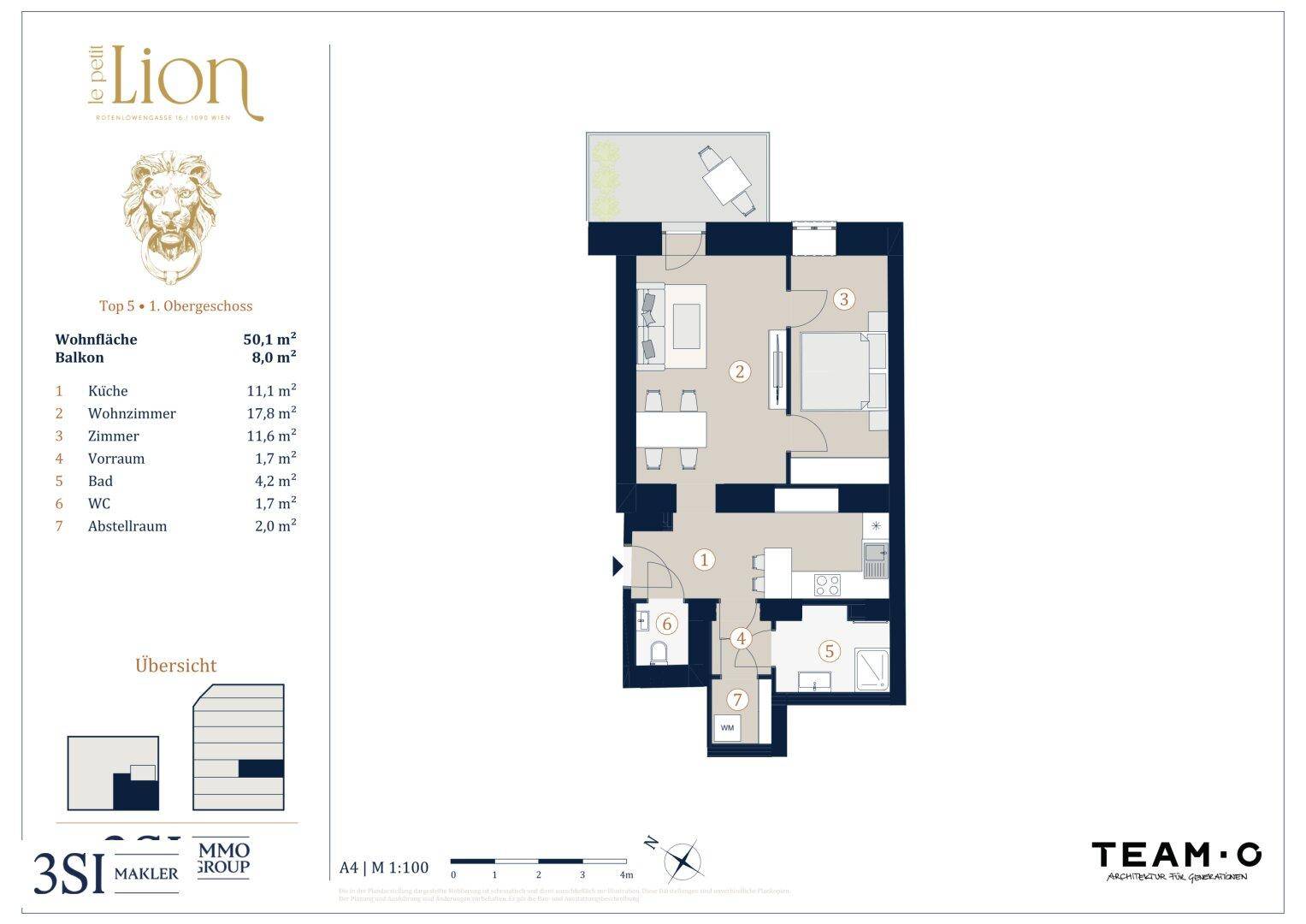 Grundriss einer 50,1 m² großen Wohnung mit Balkon, Schlafzimmer und offenem Wohnbereich.
